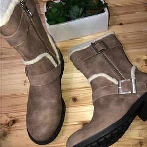 Charles by Charles David Faux-Fur Suede Boots brown tan biker sz 6